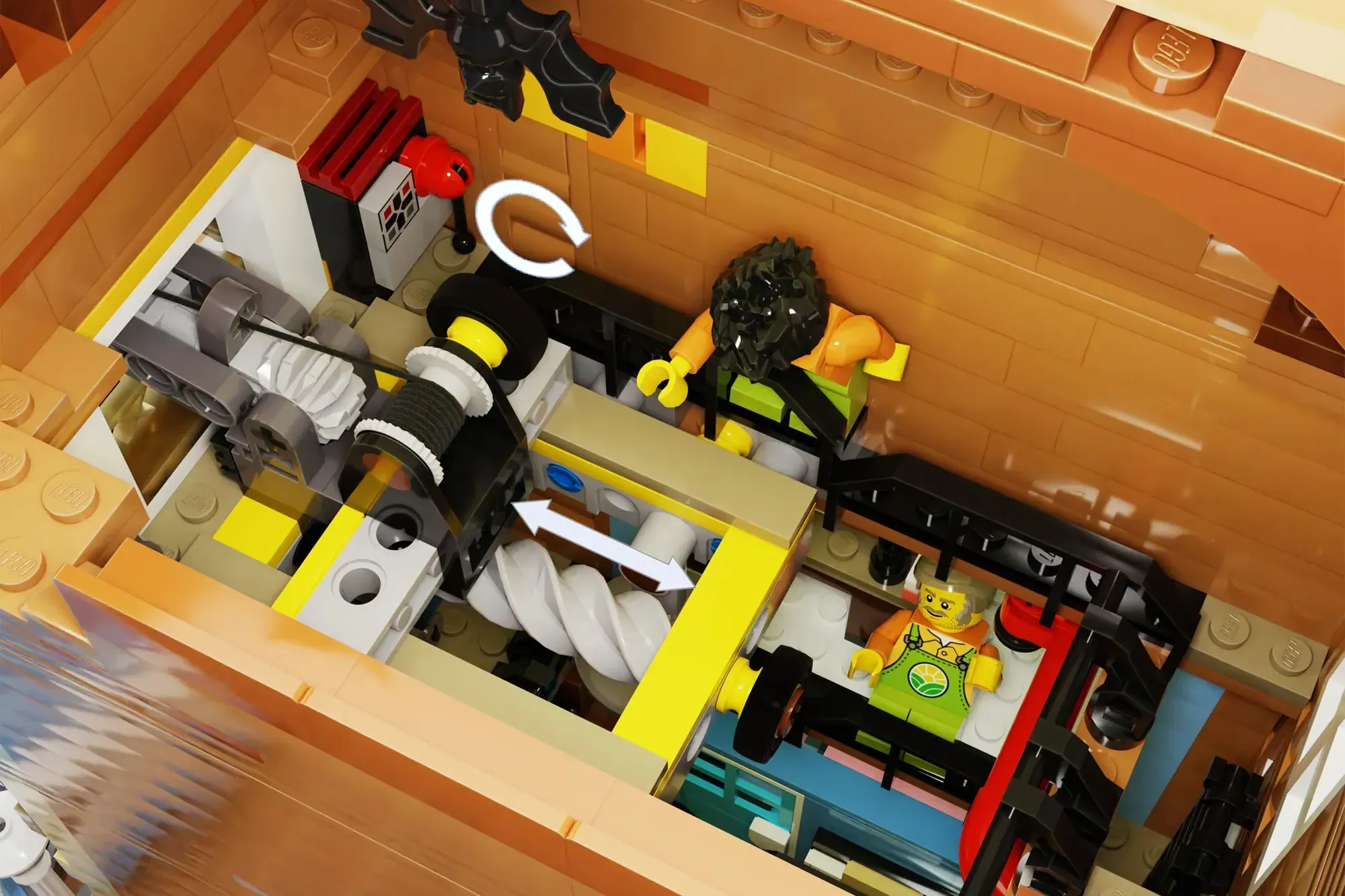 LEGO dairy shop modular build with minifigures, cheese counter, and yellow/black storefront details.
