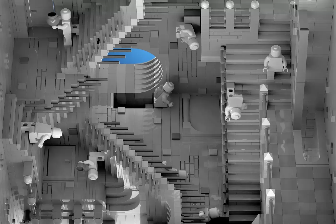 LEGO minifigures navigate an impossible Escher-inspired staircase with blue highlighted steps and cascading architectural …