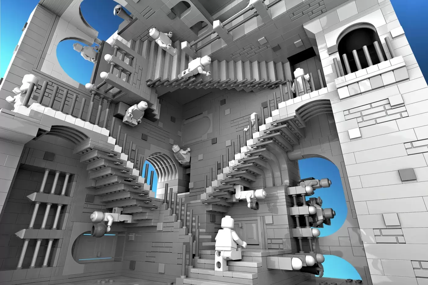 LEGO minifigure navigates impossible Escher-inspired staircase with interconnected architectural levels and grey brick con…