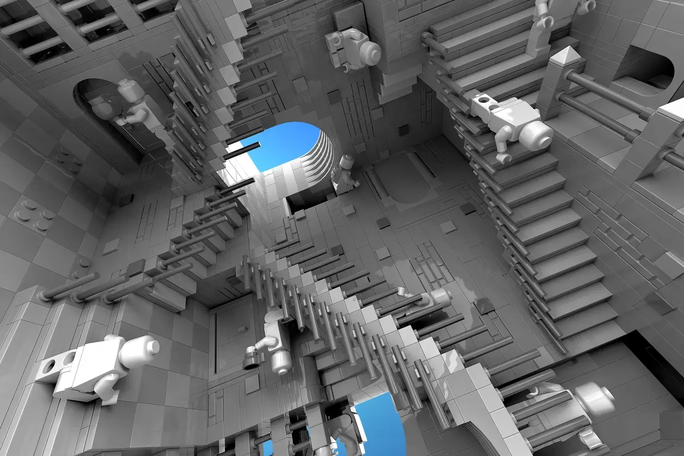 LEGO staircase structure with blue accents viewed from above, featuring interlocking stairs and mechanical details in gray…