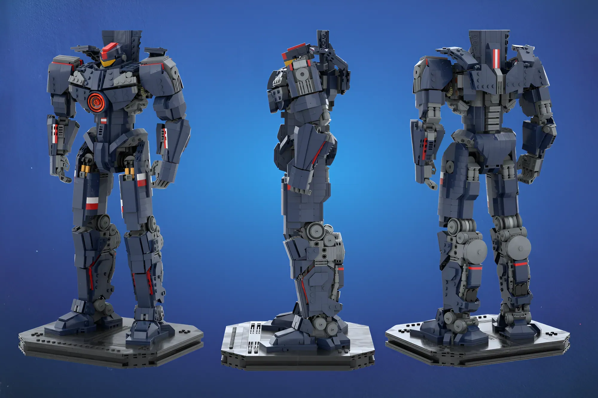 LEGO Gipsy Danger mech from Pacific Rim shown in three rotating views against blue background.