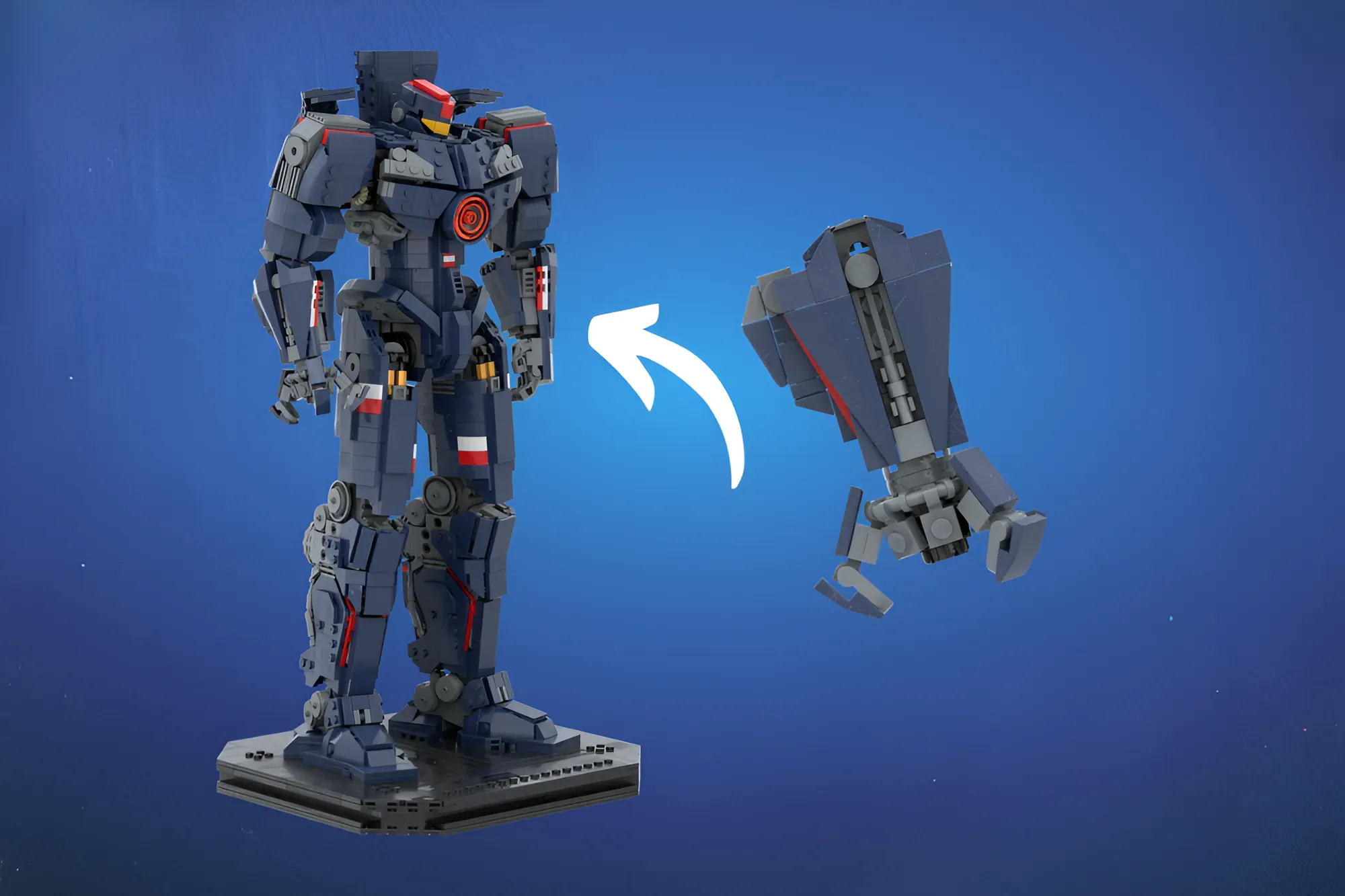LEGO Gipsy Danger mech with transformation arrow showing robot and compact forms against blue background.