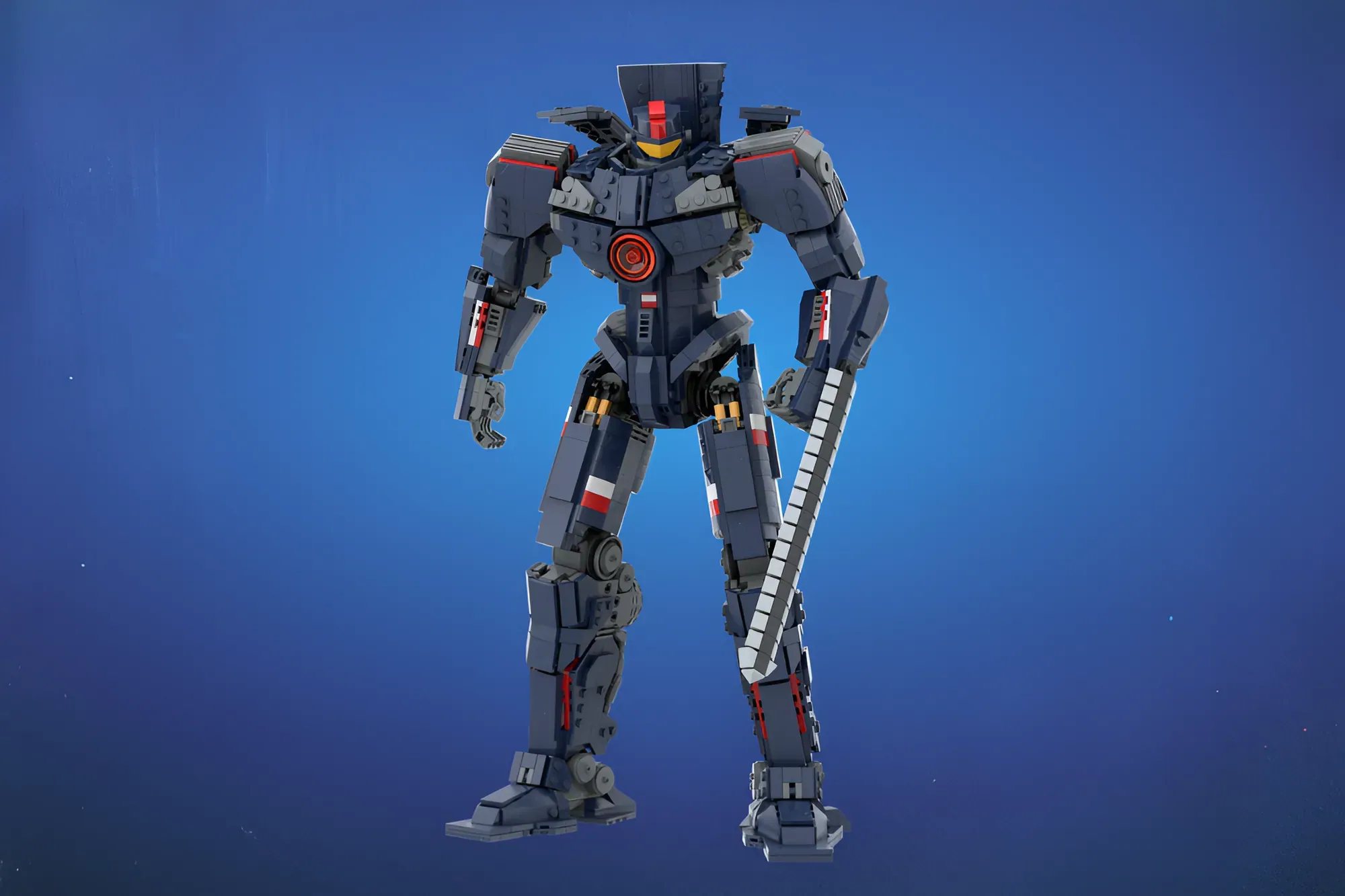 LEGO Gipsy Danger Jaeger from Pacific Rim, 39 cm tall, featuring dark gray armor with red and yellow accents against blue …