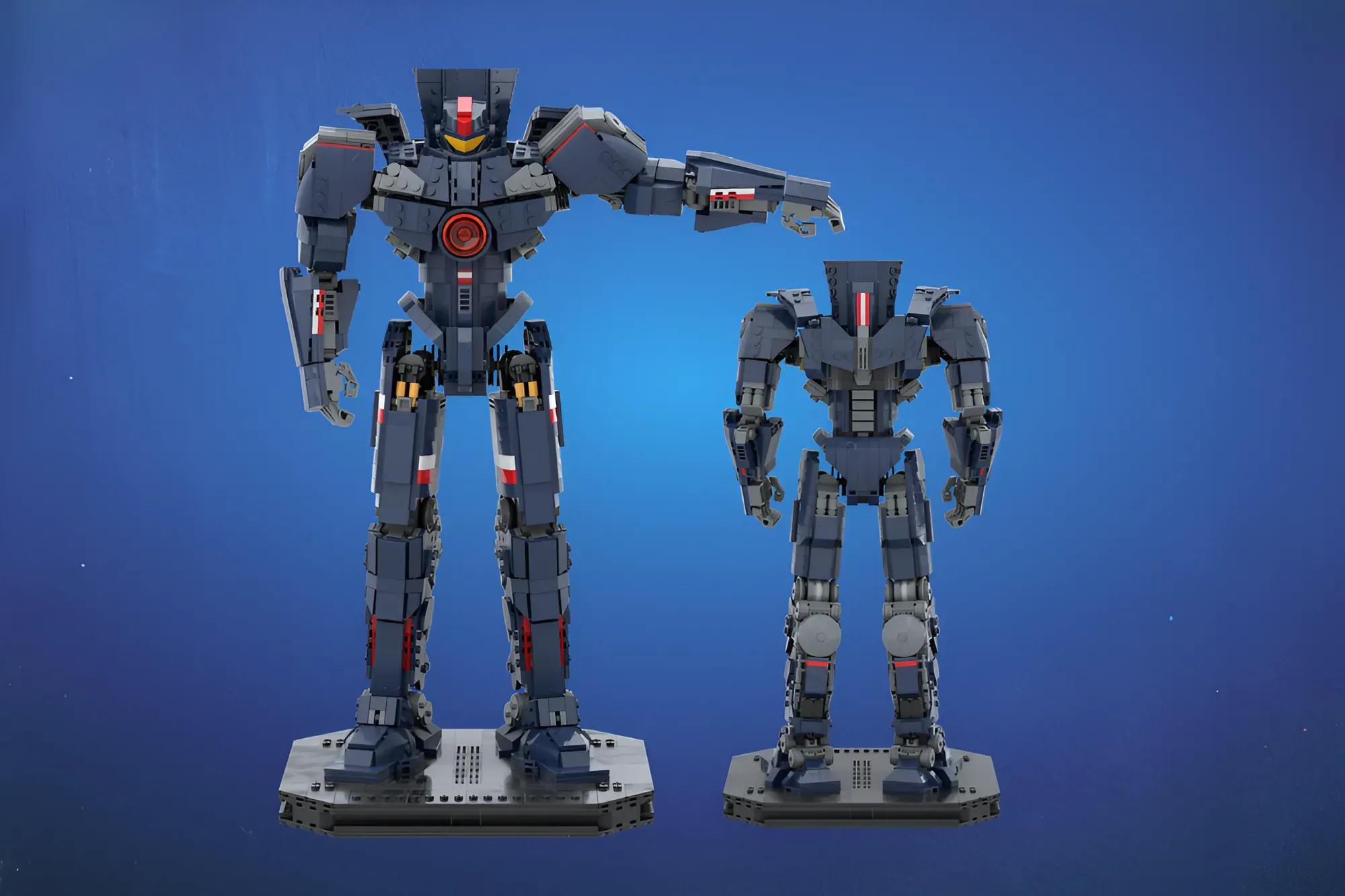 LEGO Gipsy Danger Jaeger from Pacific Rim displayed in front and back views against blue background.