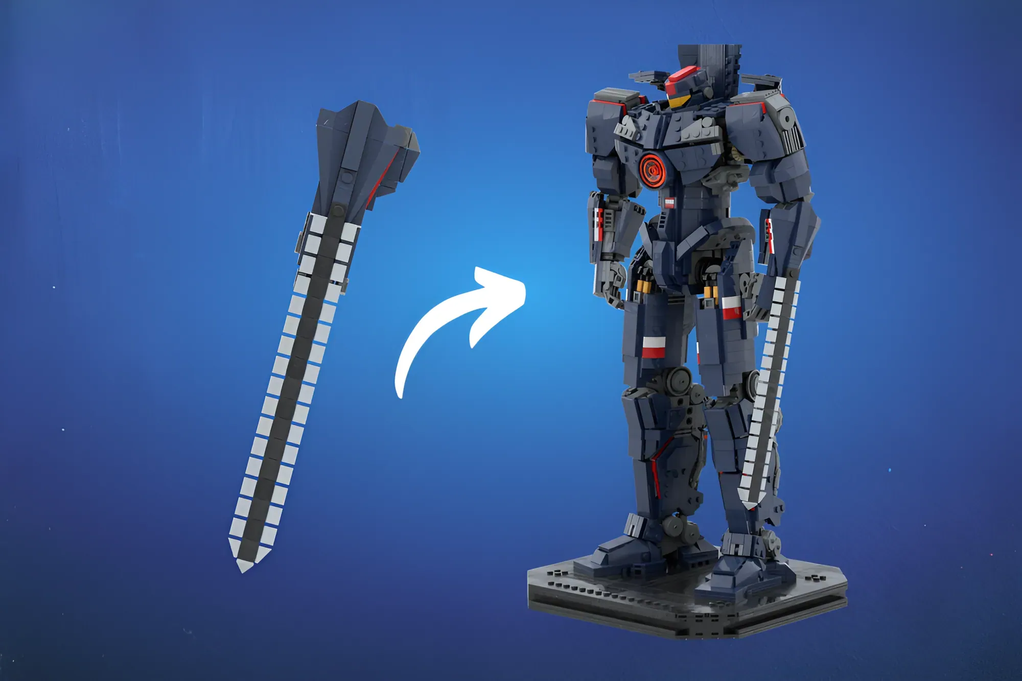 LEGO Gipsy Danger Jaeger with sword weapon, 39 cm tall gray mech figure on blue background.