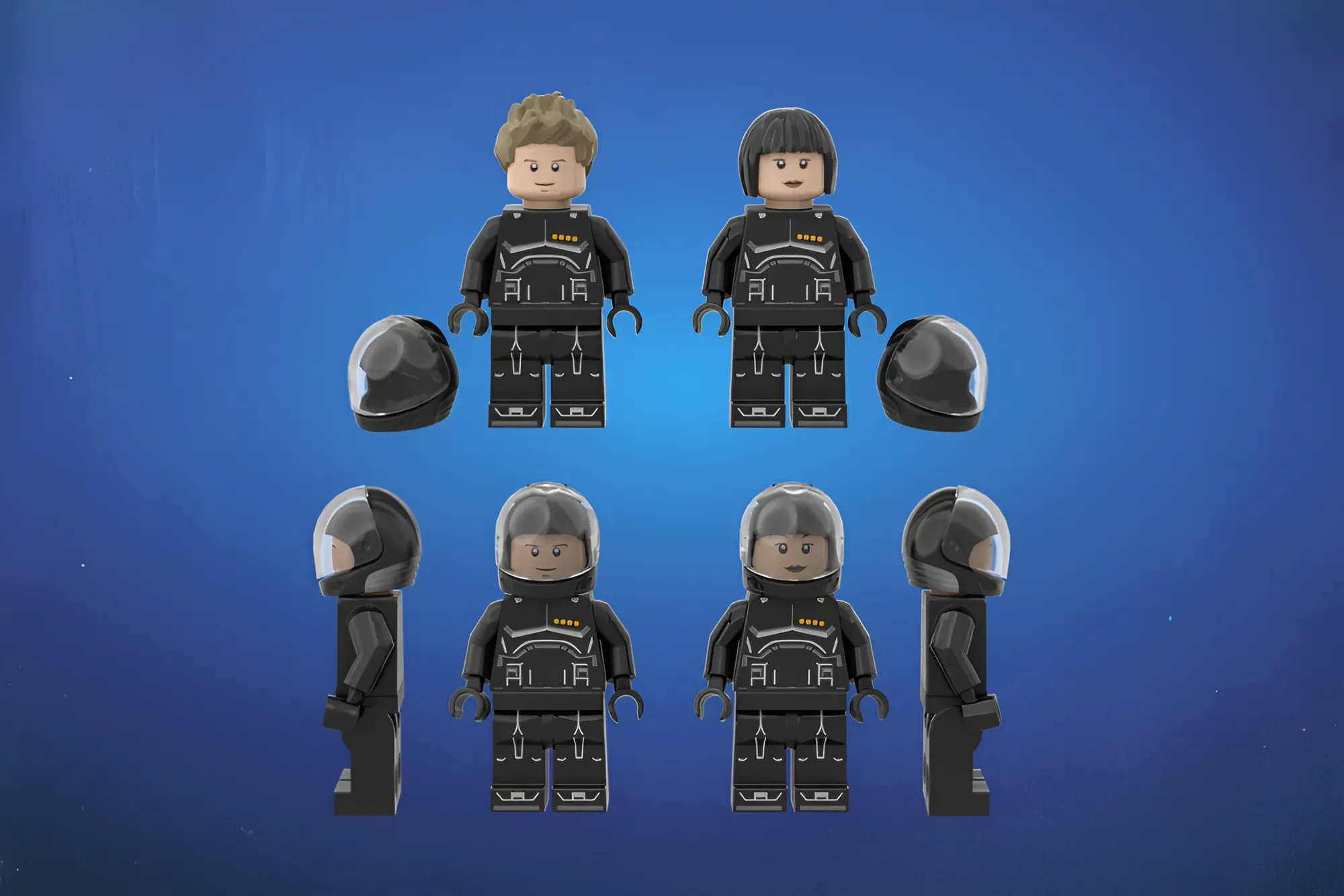 LEGO minifigures with pilot suits and helmets displayed in front and side views against blue background.