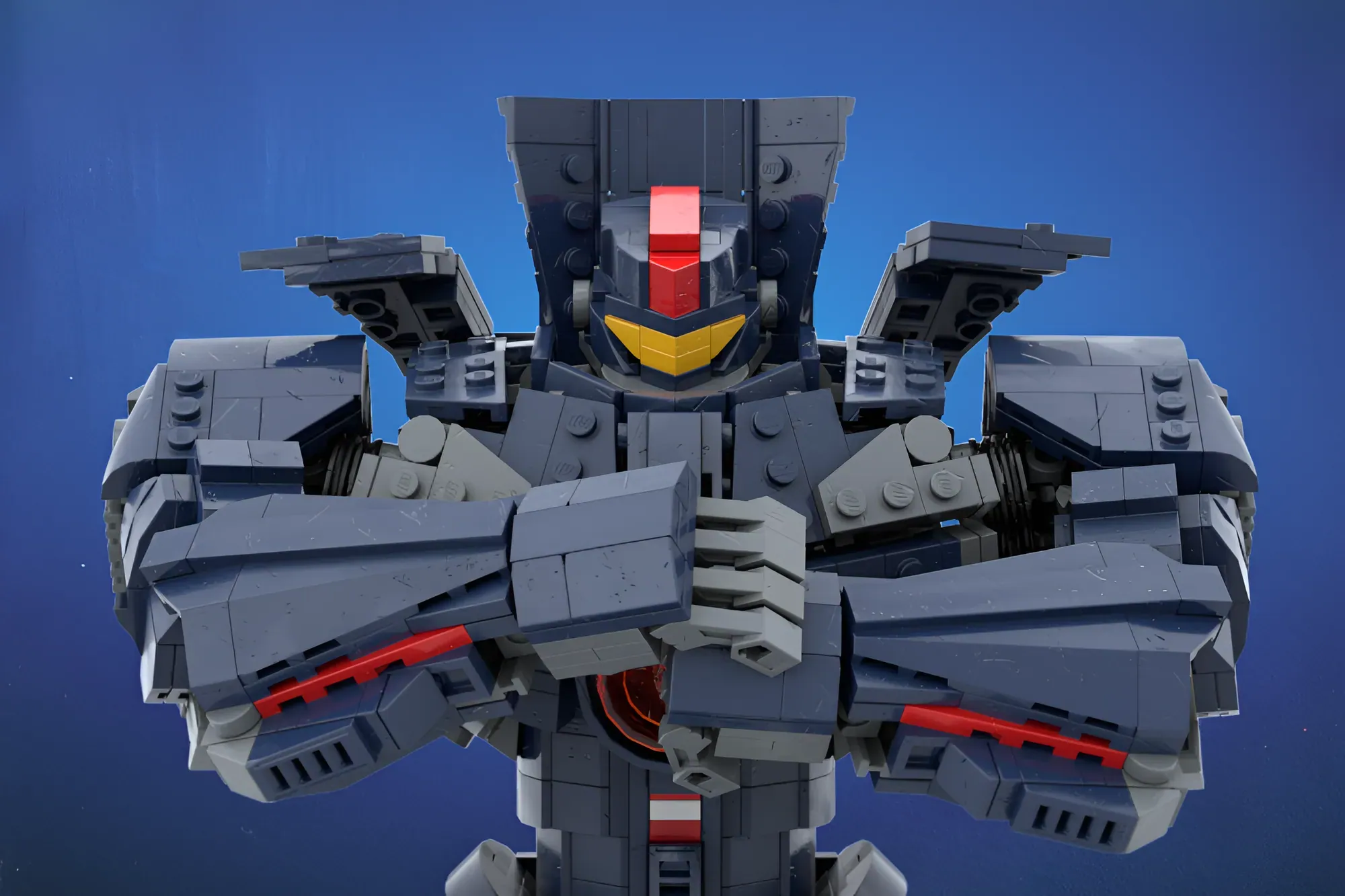 LEGO Gipsy Danger from Pacific Rim, grey and red Jaeger robot with extended arms against blue background.
