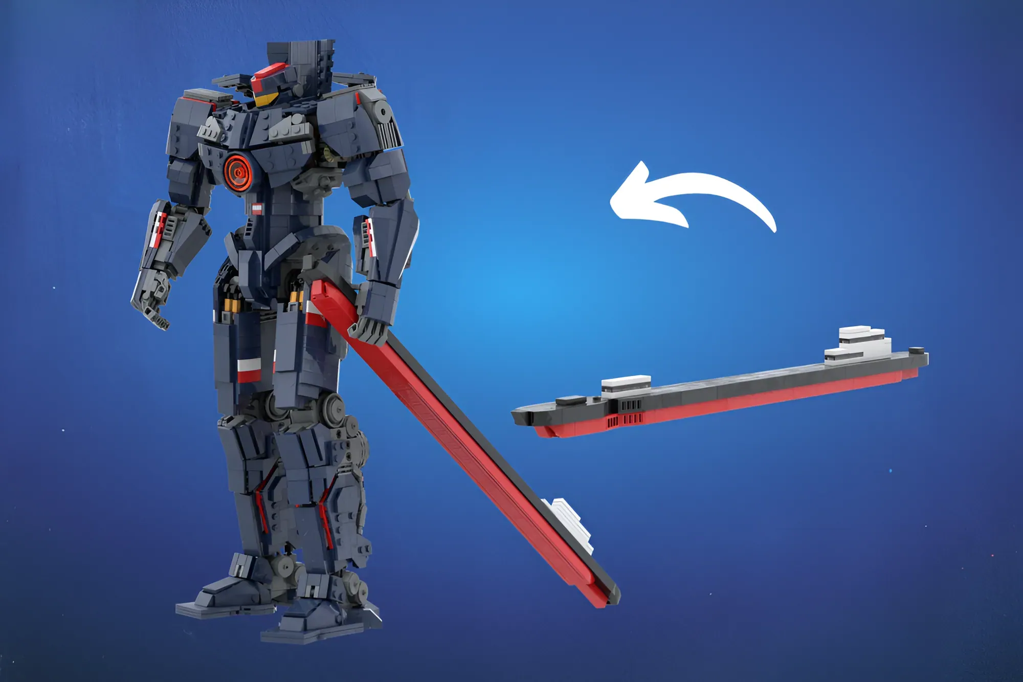 LEGO Gipsy Danger robot with detachable red ship, 39 cm tall, Pacific Rim Jaeger mecha model.