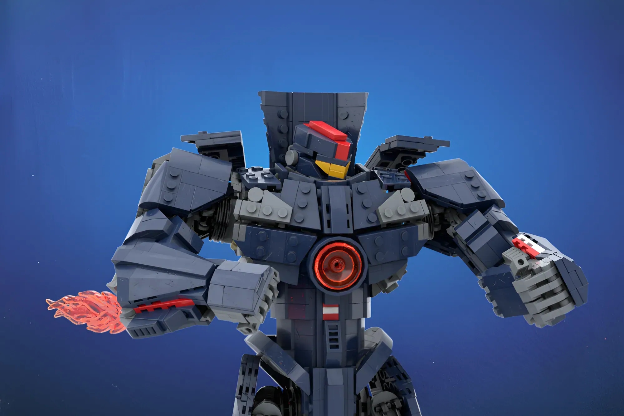 LEGO Gipsy Danger mech from Pacific Rim with red and black armor, glowing chest piece, and flaming weapon against blue bac…
