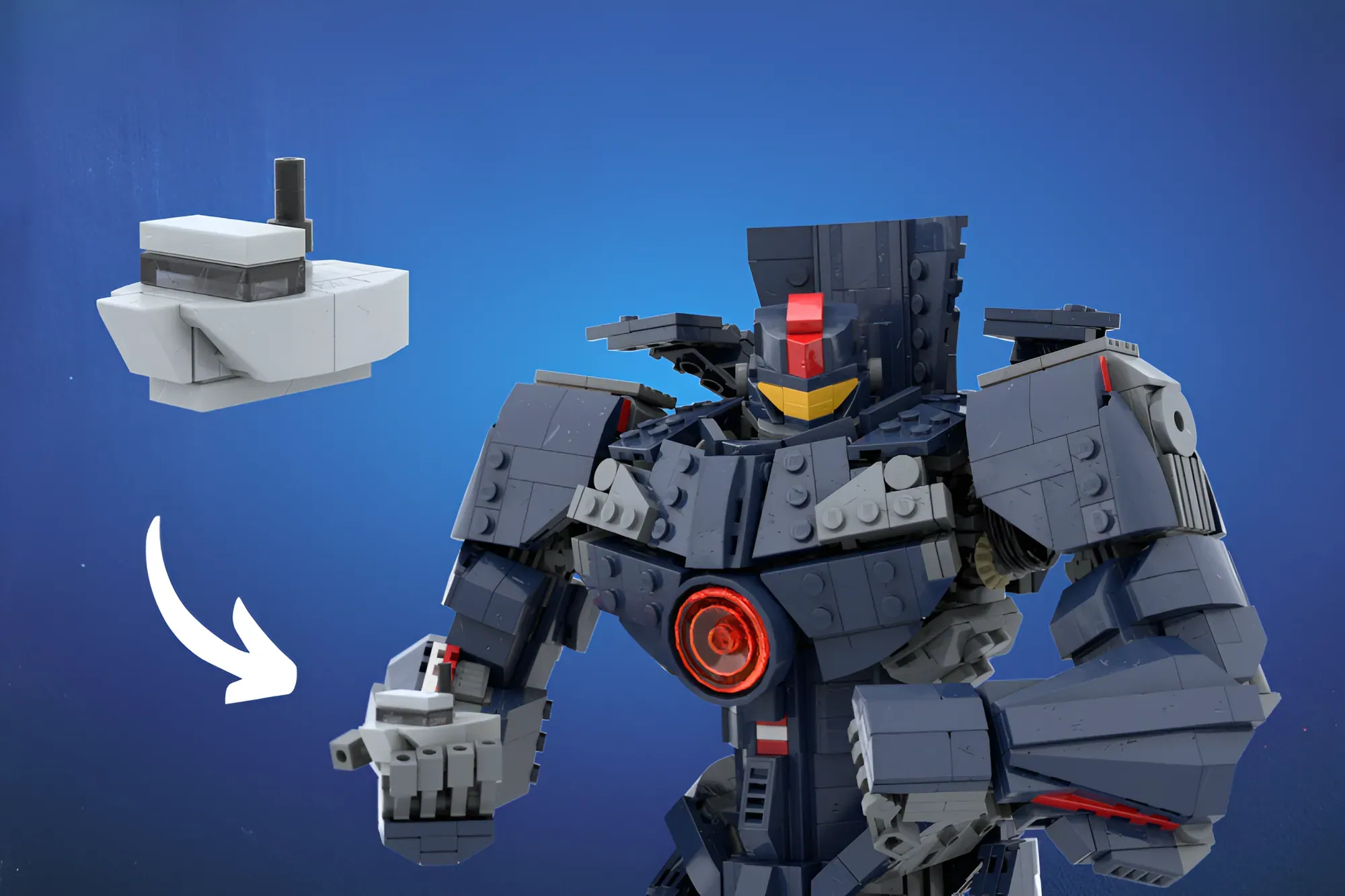 LEGO Gipsy Danger Jaeger with detachable hand piece shown separately against blue background.