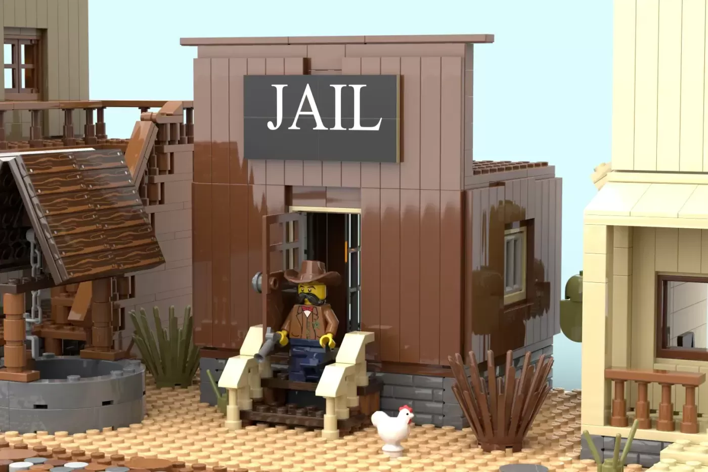 LEGO Western jail building with cowboy minifigure seated outside, featuring brown wooden structure and desert scenery.