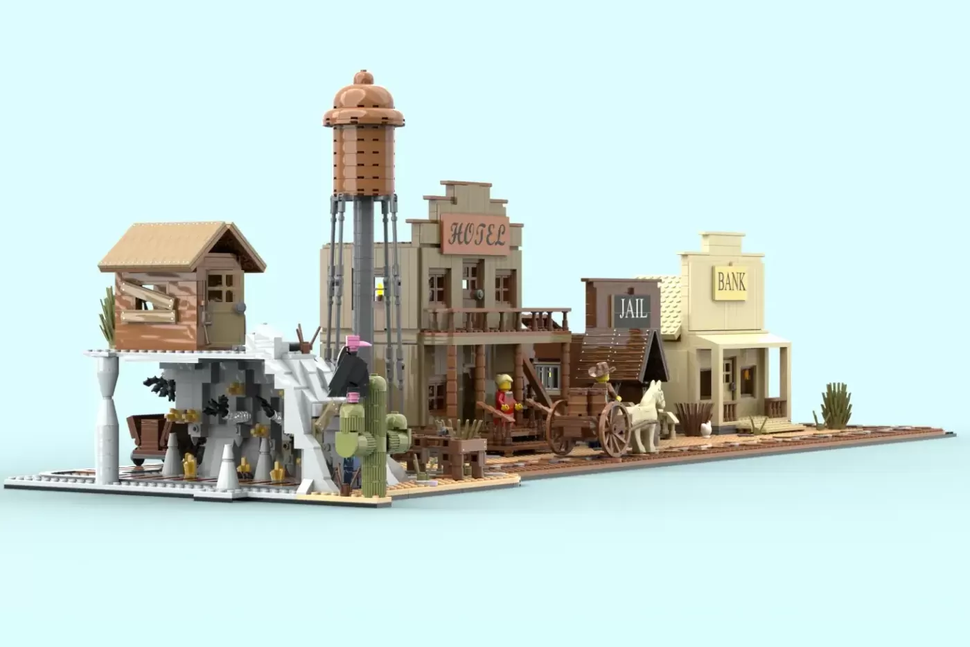 LEGO western town set with jail, hotel, bank, water tower, and minifigures on sandy base.