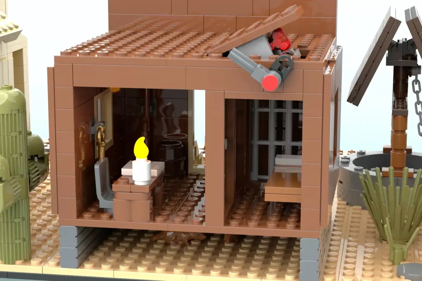 LEGO Western building with brick exterior, open front showing interior room with yellow flame, minifigure on roof with tools.