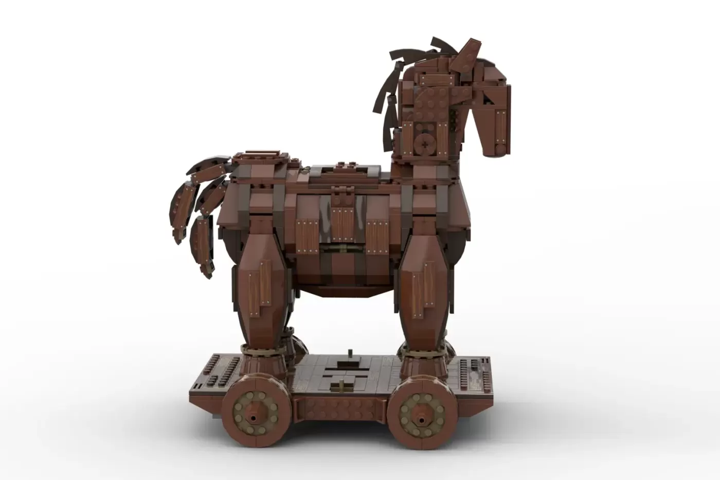 LEGO Trojan Horse with opening compartment on wheeled platform, featuring brown and tan colors with detailed armor plating.