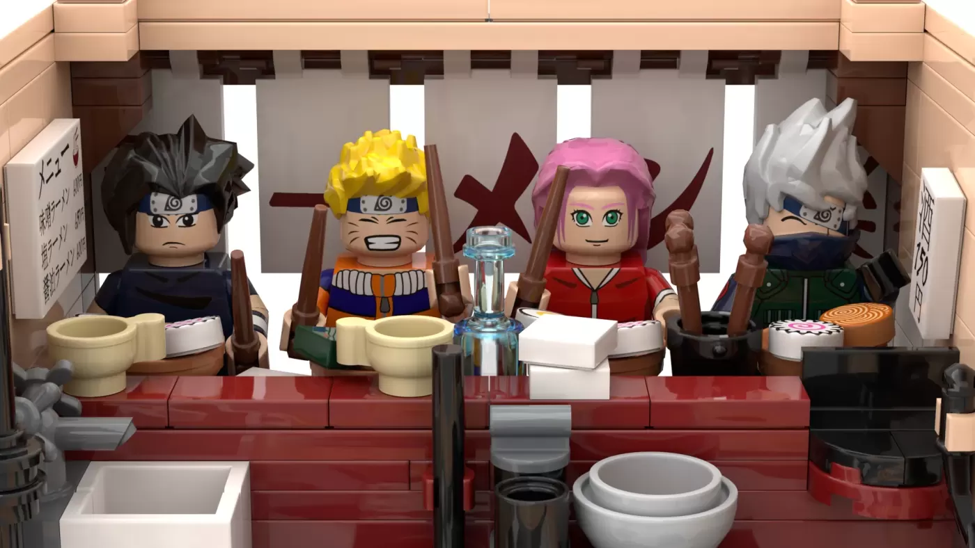 LEGO Naruto Ichiraku Ramen Shop with four minifigures seated at counter with bowls and water pitcher.