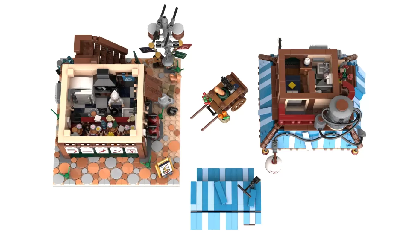 LEGO Ichiraku Ramen Shop MOC with detailed interior, exterior storefront, minifigures, and accessories displayed from mult…