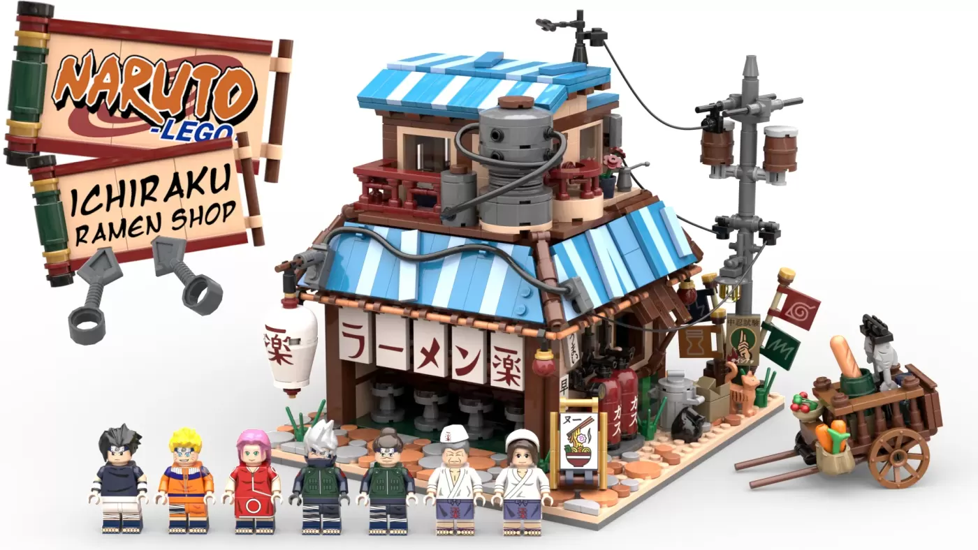 LEGO Naruto Ichiraku Ramen Shop set with minifigures and accessories displayed on baseplate.