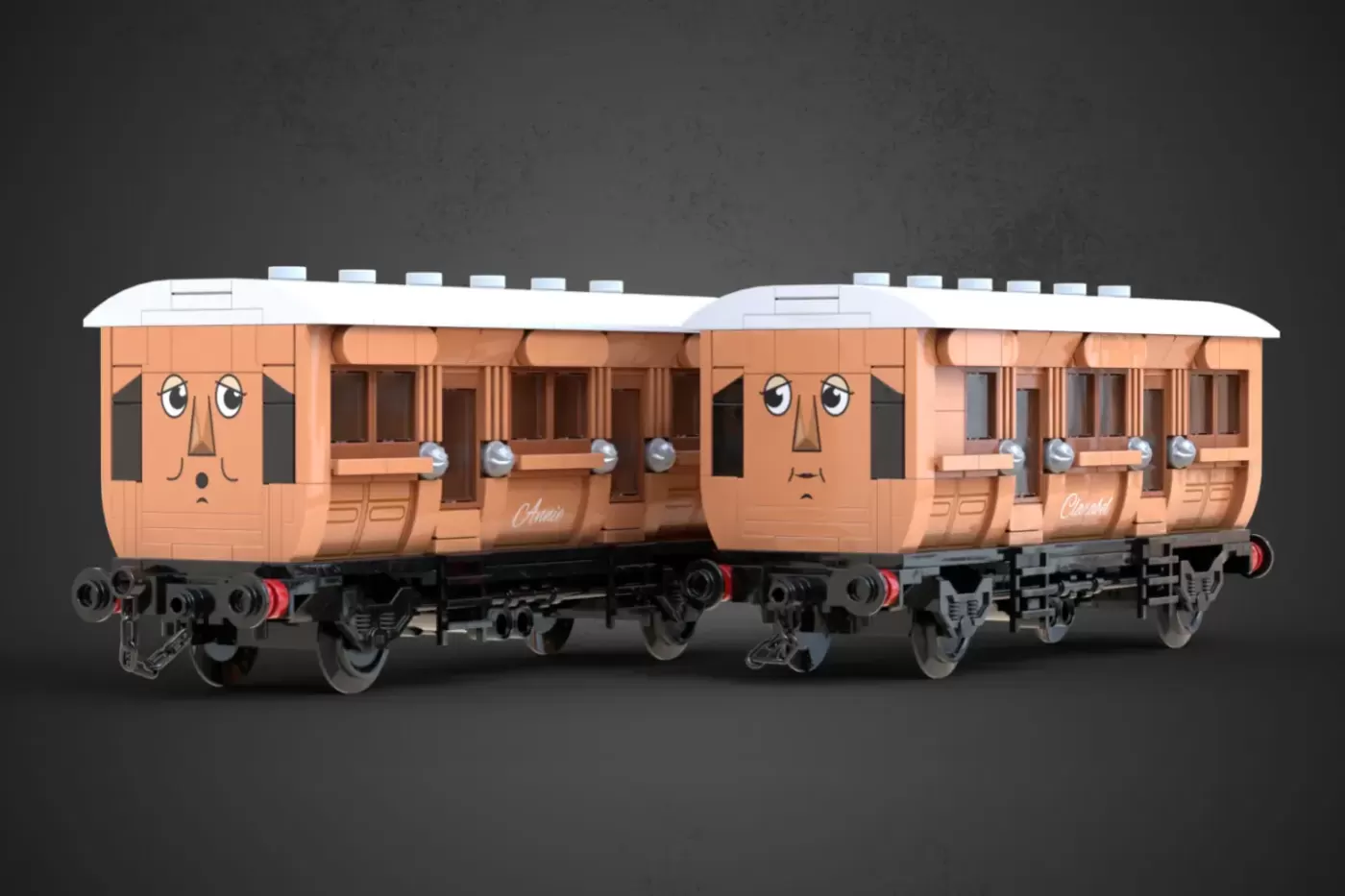 LEGO Thomas Tank Engine train car with anthropomorphic face design and white roof.