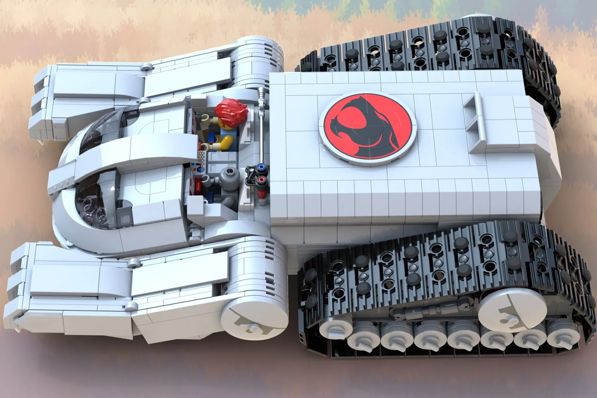 LEGO Thundertank with red emblem, white body, black treads, and minifigure visible in open cockpit.