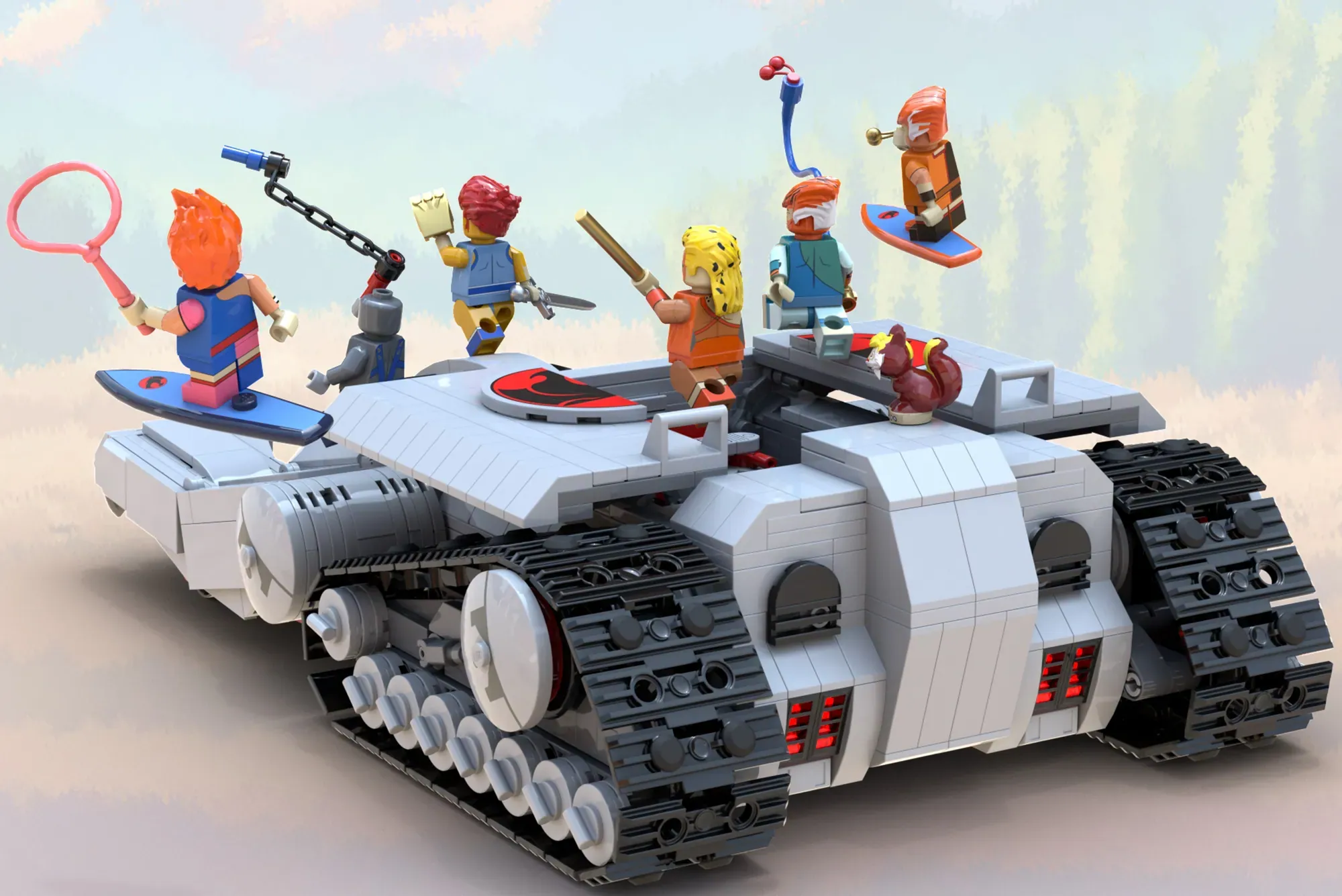 LEGO Thundertank with six ThunderCats minifigures holding weapons and accessories on a cloudy background.