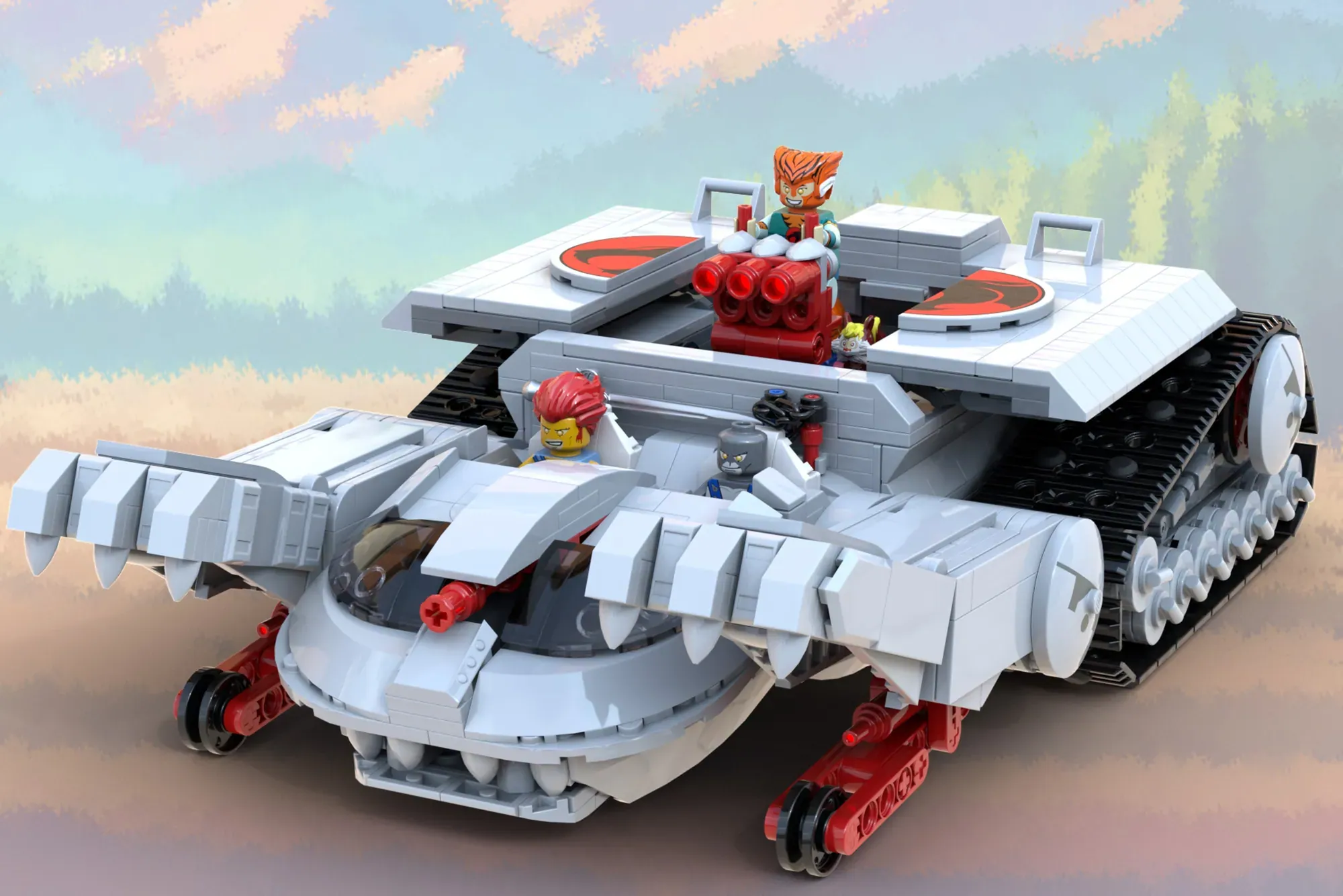 LEGO Thundertank with red and white armor, tank treads, mounted weapons, and Thundercats minifigures in forest setting.