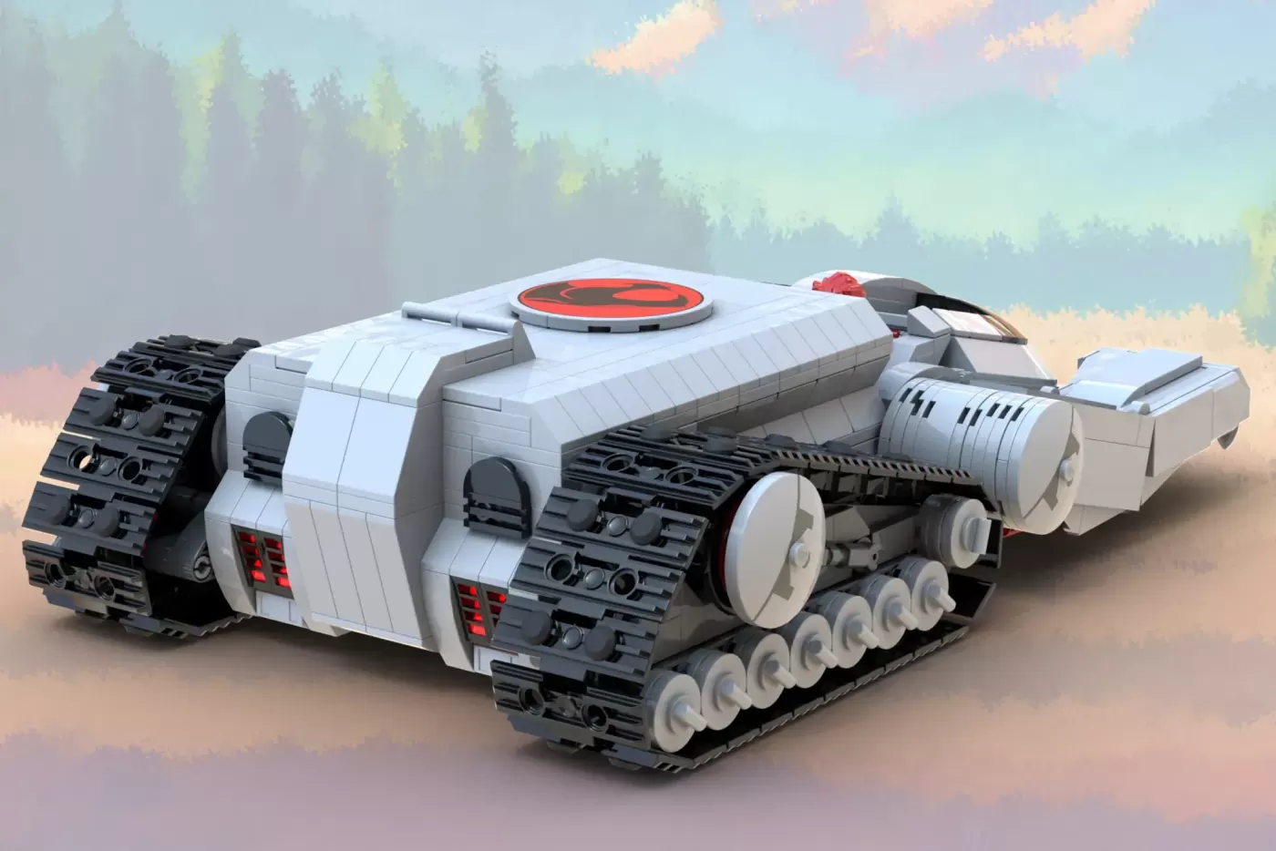 LEGO ThunderCats Thundertank MOC with white and black armor plating, red cockpit dome, tracked treads, and forest backdrop.
