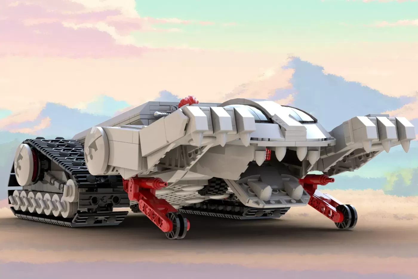 LEGO ThunderCats Feliner spacecraft with white and red armor plating, tank treads, and articulated wings against cloudy sk…