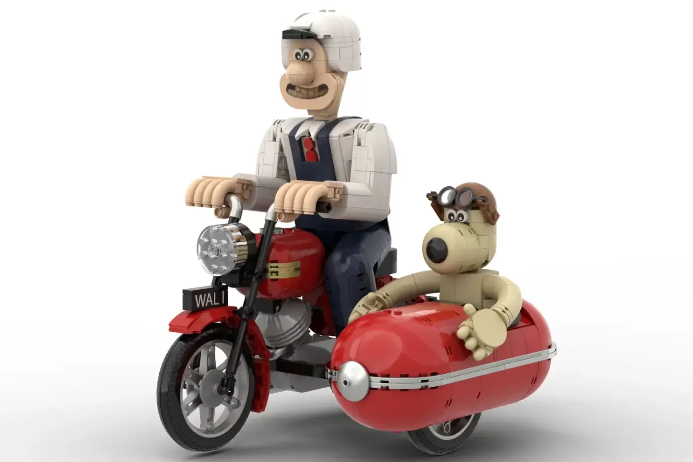 LEGO Wallace and Gromit on red motorcycle with sidecar, detailed brick-built recreation of stop-motion characters.