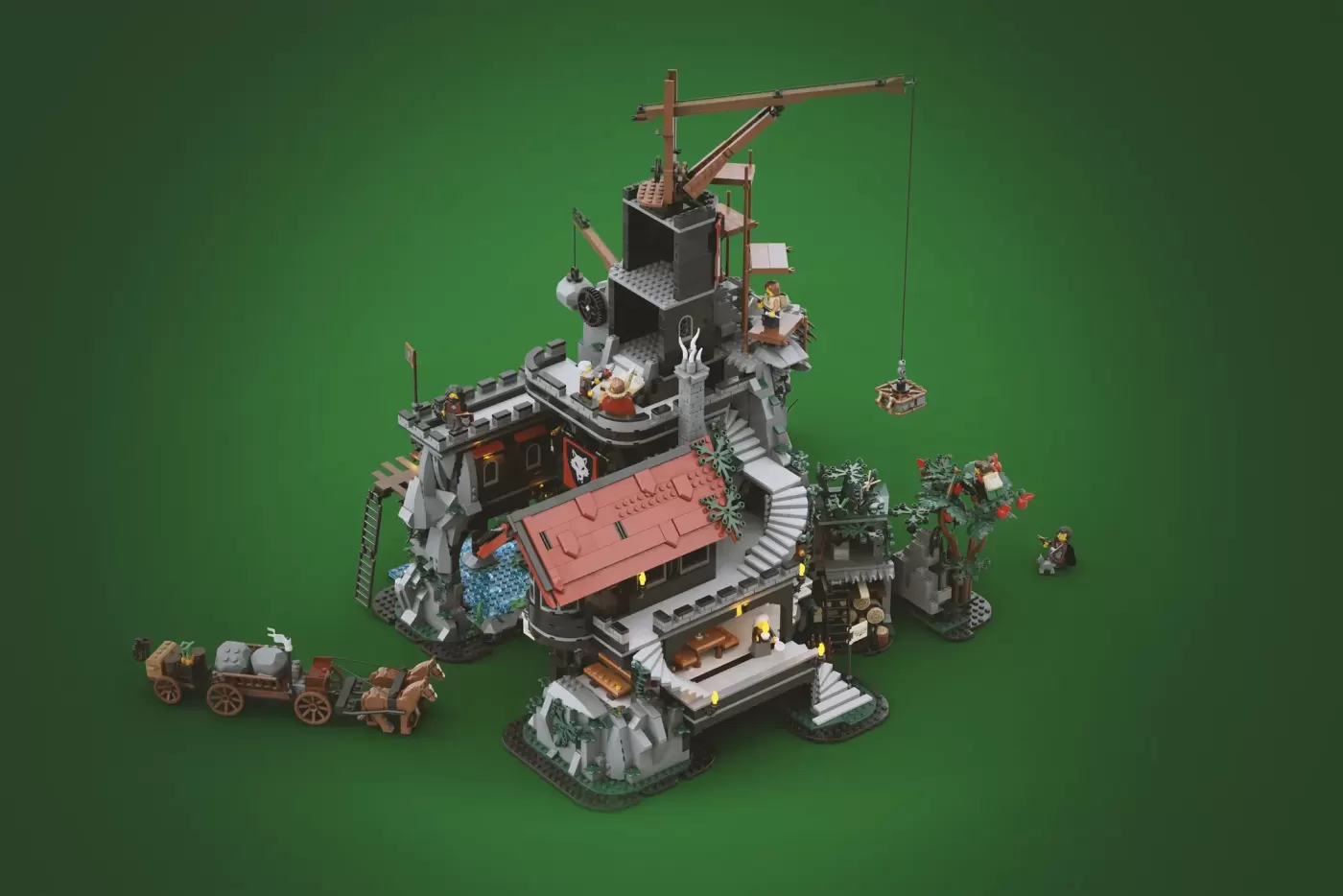 Elaborate LEGO castle with wolf-shaped design, featuring tower with crane, minifigures, and supply carts on green background.
