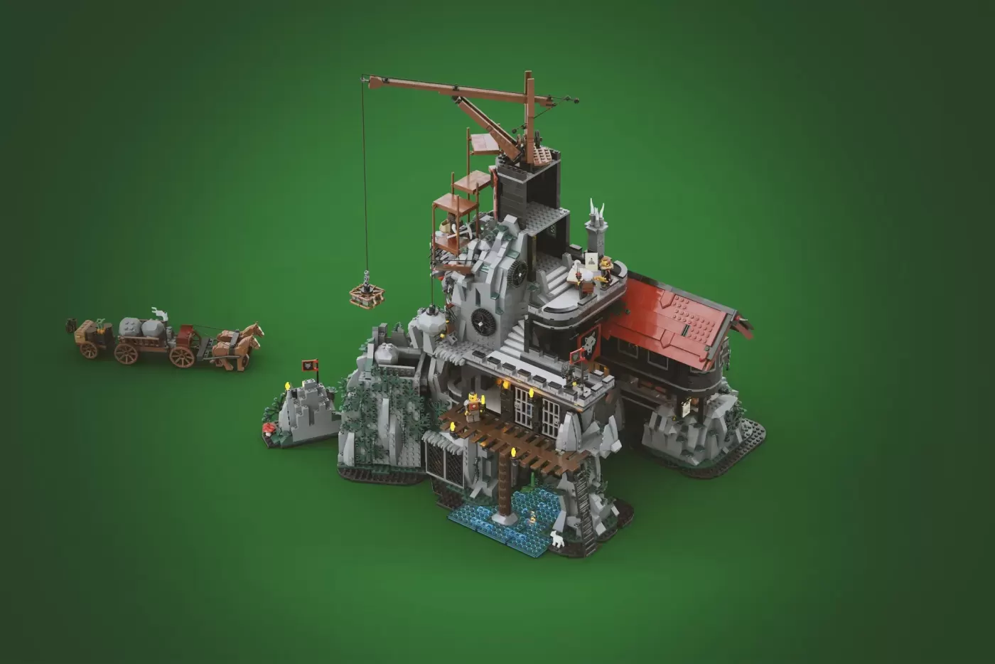 Elaborate LEGO castle built into a giant stone wolf head, featuring red ship, crane, fortifications, and minifigures on gr…