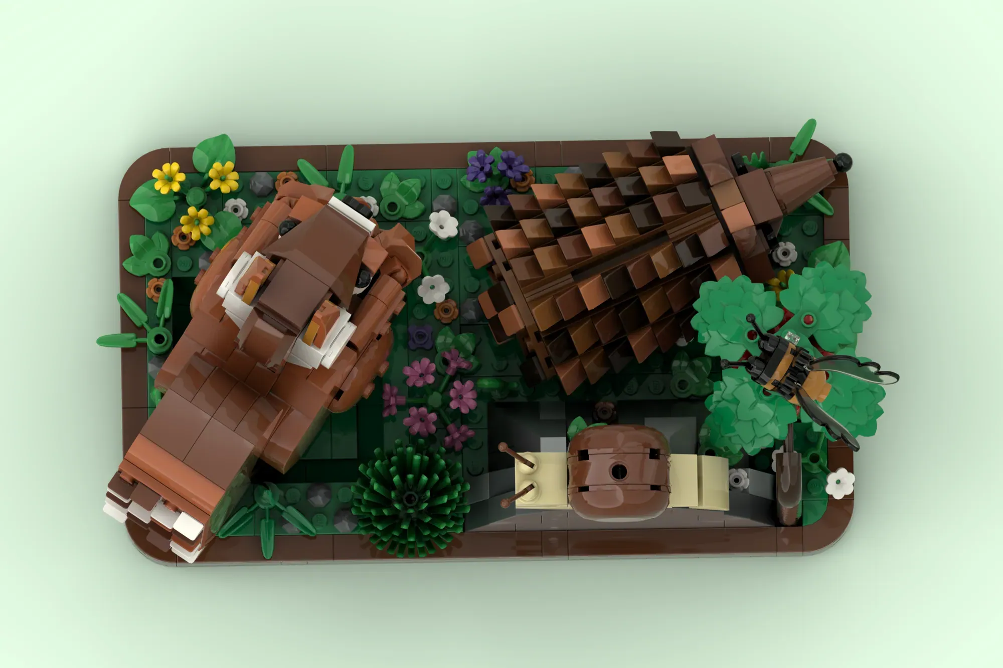 LEGO woodland diorama featuring articulated squirrel and hedgehog with colorful flowers, trees, and detailed landscape ele…