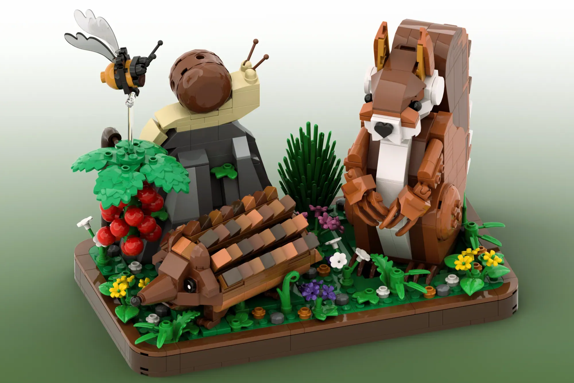 LEGO woodland diorama with articulated squirrel, hedgehog, snail, bee, tomato plant, and flowers on brown base.